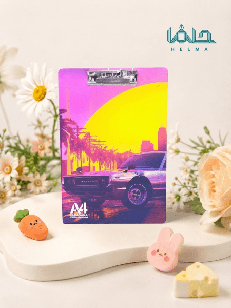 تخته شاسی A4 طرح خودروی کلاسیک غروب نئونی
