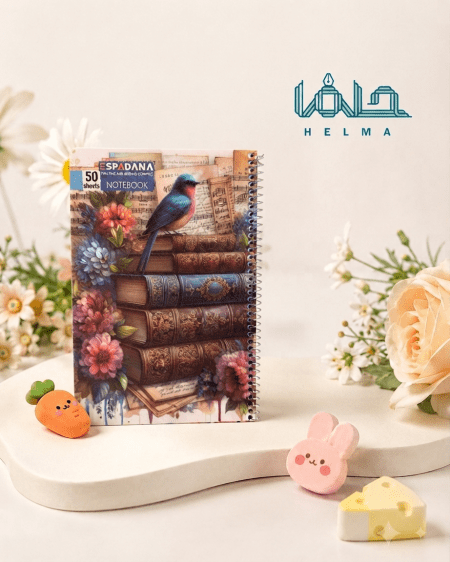 دفتر ۵۰ برگ فنری اسپادانا مدل کتاب‌های کلاسیک و پرنده آبی
